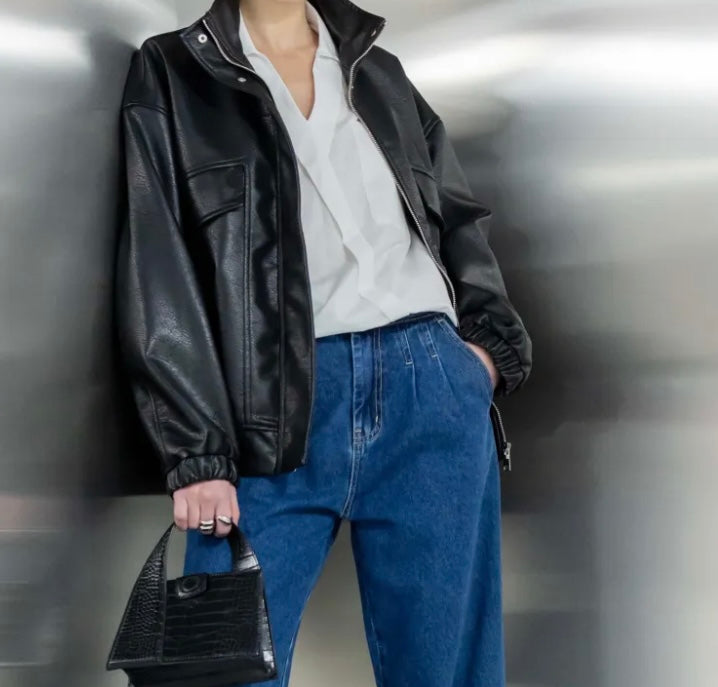 Blouson bombers simili cuir noir