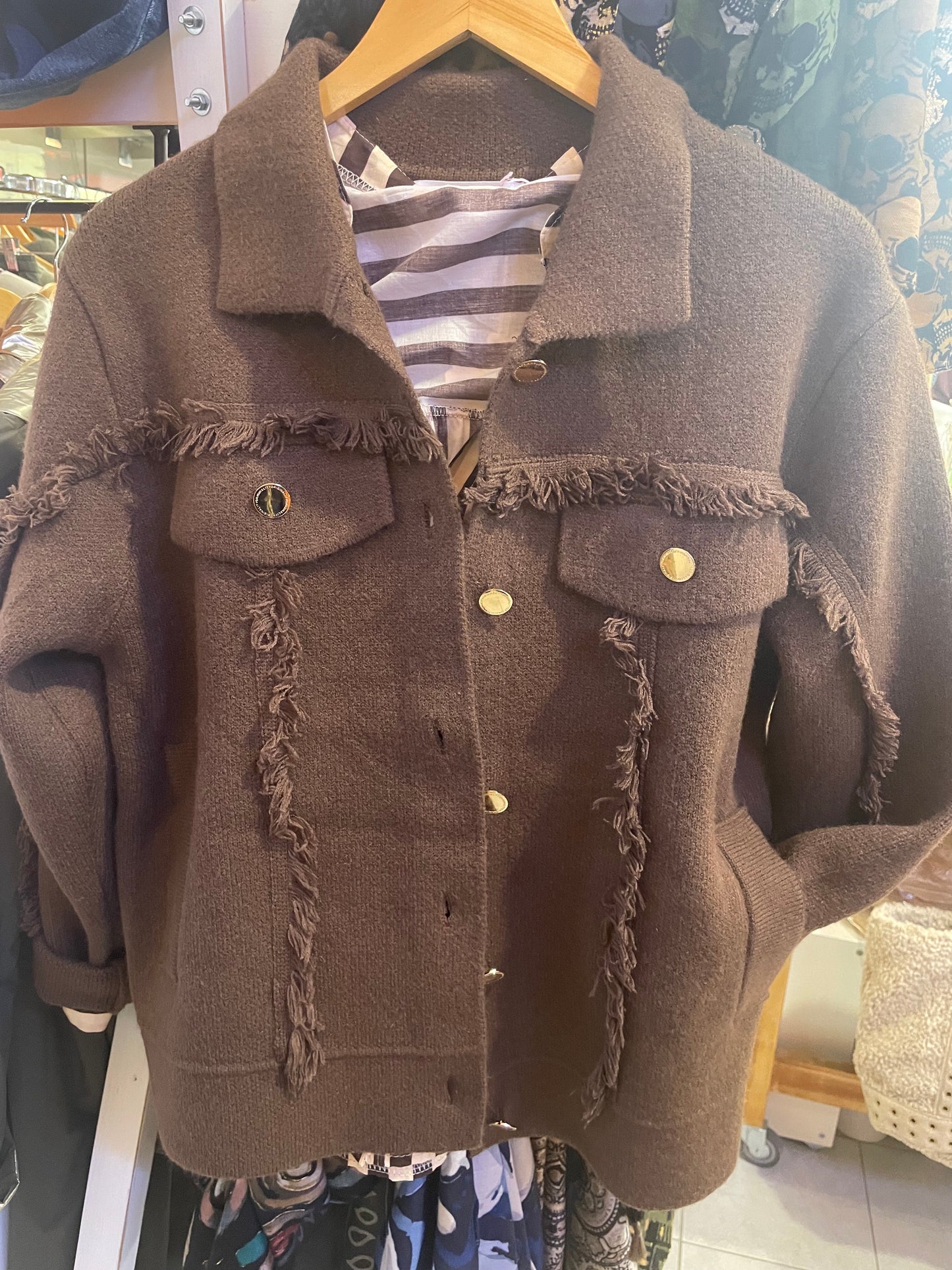 Blouson lainage frangé marron chocolat