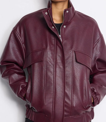 Blouson bombers simili cuir bordeaux