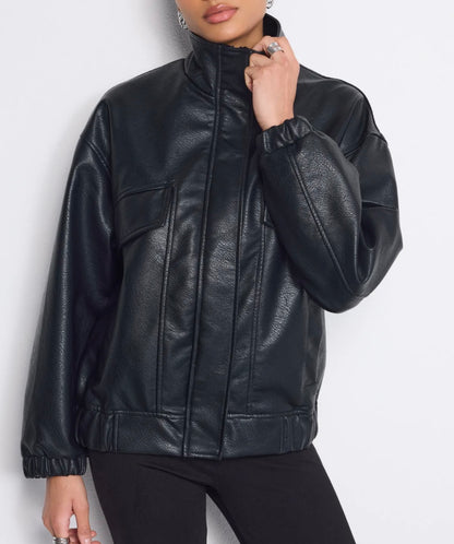 Blouson bombers simili cuir noir