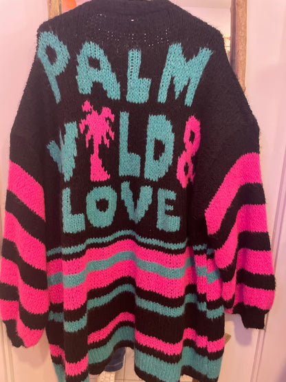 Gilet long noir, rose et turquoise