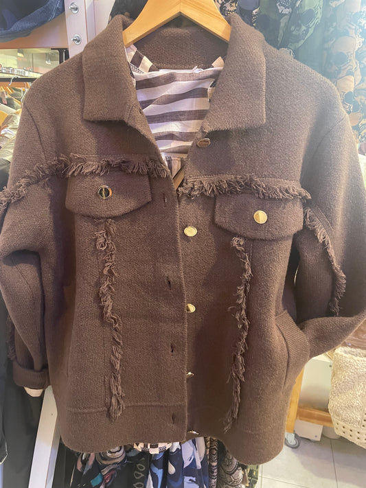 Blouson lainage frangé marron chocolat